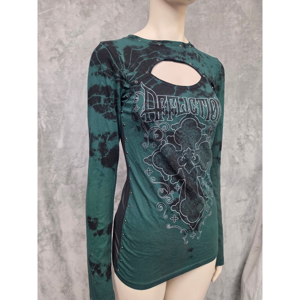 Affliction Y2K Grunge Top Women Small Green Cross Graphic Mesh Back Cutout Goth